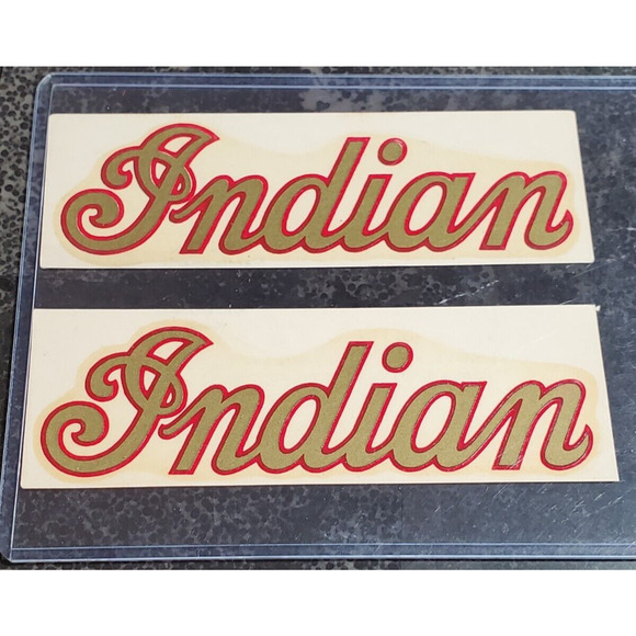 ULTRA RARE 2X ORIGINAL NOS VINTAGE INDIAN MOTORCYCLE GOLD SCRIPT TANK DECALS - Picture 1 of 5